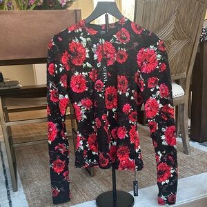 AFRM Black Long-Sleeve Lace Tee with Red Floral Print